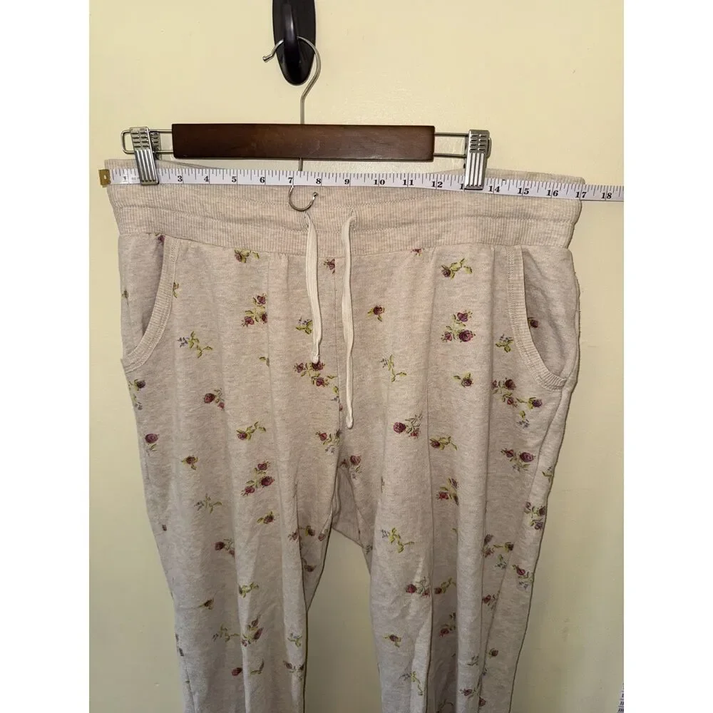 Aerie Floral French Terry Joggers Medium Beige Rose Print Drawstring Sweatpants - Picture 10 of 10